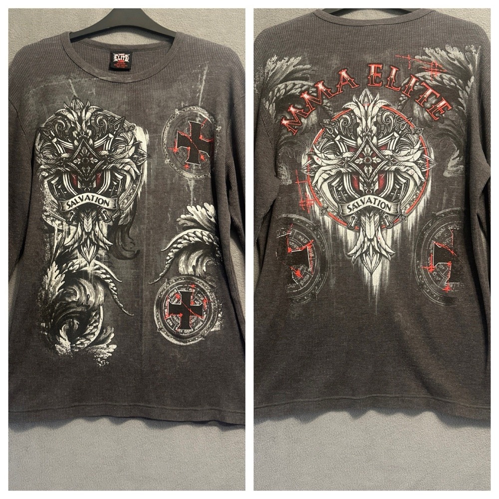 VTG Y2K MMA Elite Salvation Graphic Thermal Waffle Knit Shirt L/S Mens M Gray